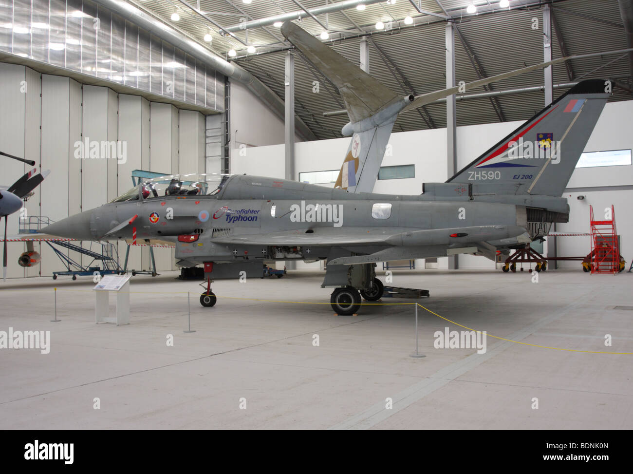 In it`s grey/gray livery is this fine example of the Typhoon Eurofighter,  currently displayed in the Air Space Hangar, IWM Duxford. Stock Photo